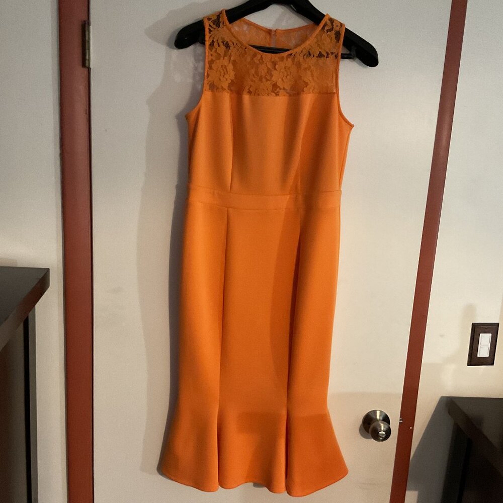 New York & Company Orange Lace Crochet Ruffle Dress | Sleeveless | Size M - Picture 2 of 5